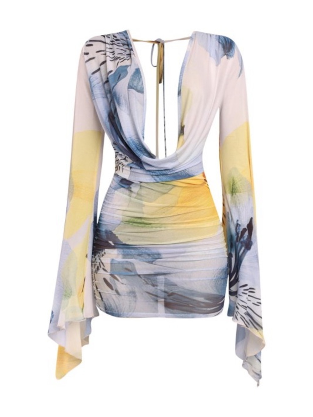 Abstract Print Backless Cowl Neck Mini Dress in Pastel Blue & Yellow